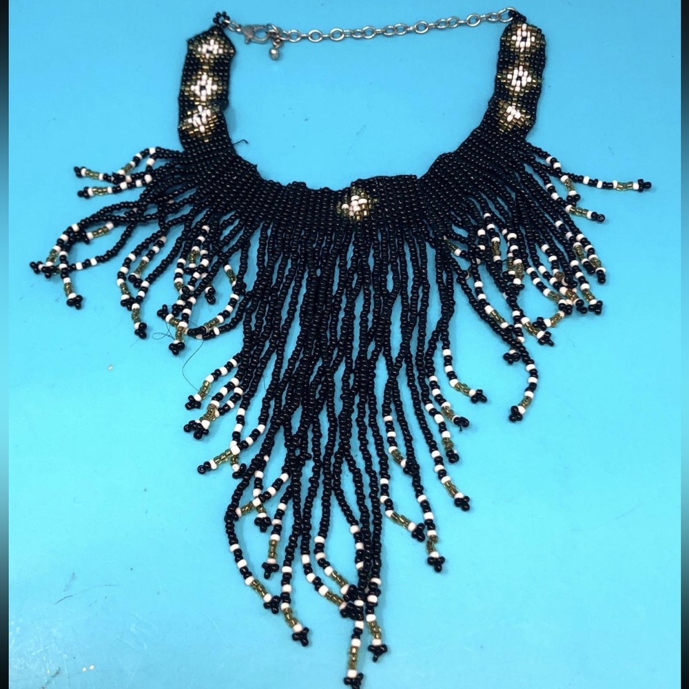 Artisan Handmade Native American Black and White Beaded Fringe Necklace